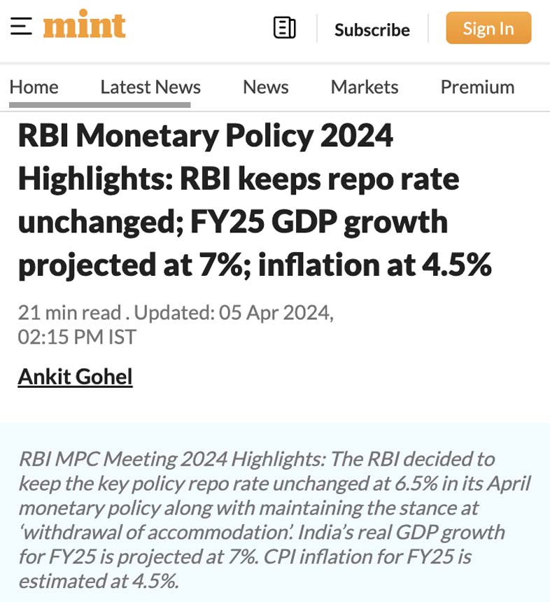 RBI Monetary Policy 2024 Highlights: RBI keeps repo rate unchanged; FY25 GDP growth projected at 7%; inflation at 4.5%
                